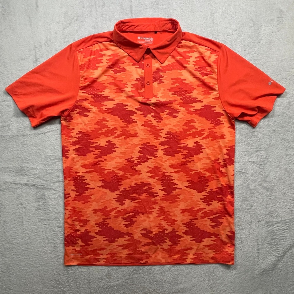 Columbia Golf Polo Men Large Orange Digital Camo Omni-Wick Short Sleeve Shirt